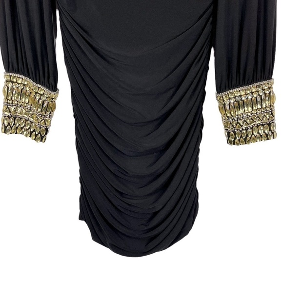 CAMILLE LA VIE 9301F LONG SLEEVE BEADED CUFF RUCHED CUTOUT BACK COCKTAIL DRESS - Picture 7 of 13